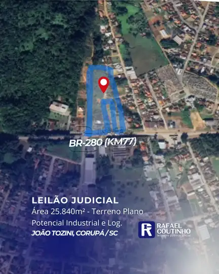 ÁREA 25.840M² - TERRENO PLANO E TESTADA PARA BR-280(KM77). POTENCIAL INDUST...