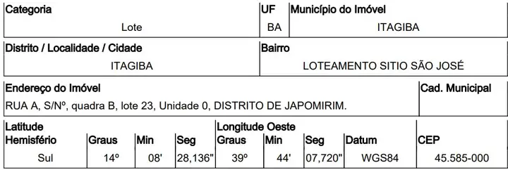 Imóvel em leilão - RUA A, N. 00, QD B, LT 23, JAPUMIRIM, ITAGIBA, BA