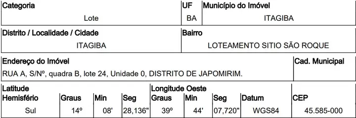 Imóvel em leilão - RUA A, N. 00, QD B, LT 24, JAPUMIRIM, ITAGIBA, BA