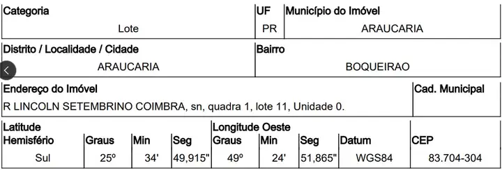 Imóvel em leilão - RUA LINCOLN SETEMBRINO COIMBRA, N. 00, QD 1, LT 11, BOQUEIRAO, ARAUCARIA, PR