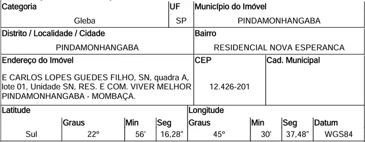 Gleba em leilão em Pindamonhangaba