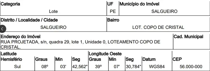 Imóvel em leilão - RUA PROJETADA, N. 00, QD 29, LT 01, LOT COPO DE CRISTAL, SALGUEIRO, PE