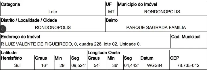 Terreno em leilão em Rondonópolis