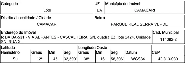 Imóvel em leilão - RUA X QUADRA EZ, N. 2424, LOT PARQUE REAL SERRA VERDE, PARQUE VERDE I, CAMACARI, BA