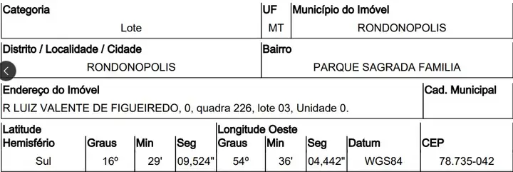 Terreno em leilão em Rondonópolis